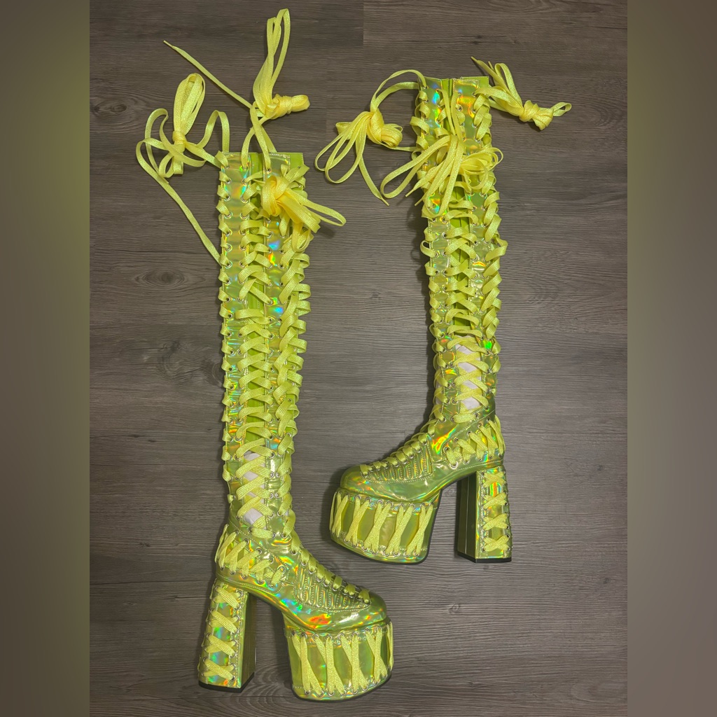Nwob Dolls Kill / Club Exx Green Holographic Thigh High Rude Awakening Boots